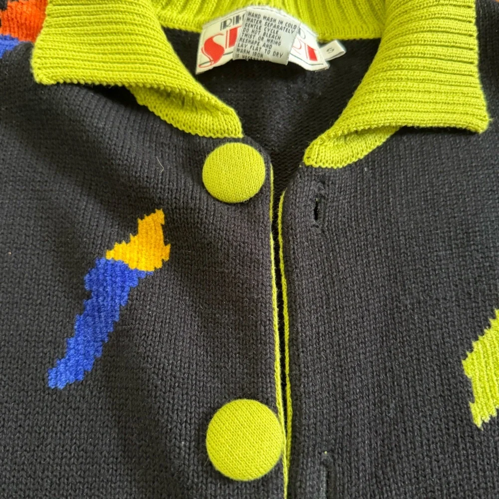 Richard Sport Vintage Black Green Vibrant Button Sweater Size Small